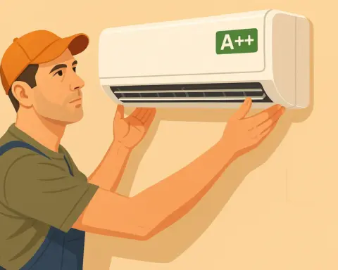 Técnico instalando unidad interior de aire acondicionado eficiente A++.