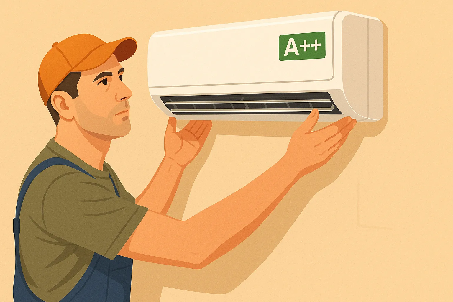 Técnico instalando unidad interior de aire acondicionado eficiente A++.