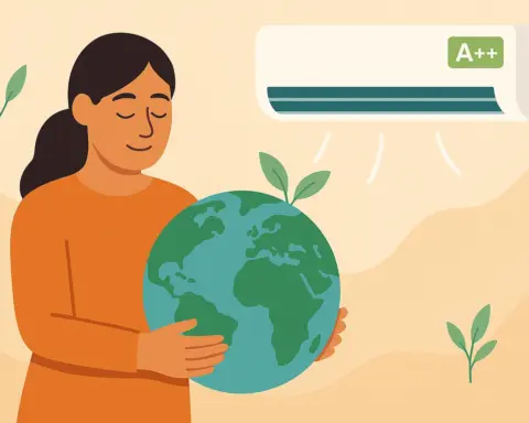 Mujer abrazando el planeta junto a aire A++ como símbolo de sostenibilidad.