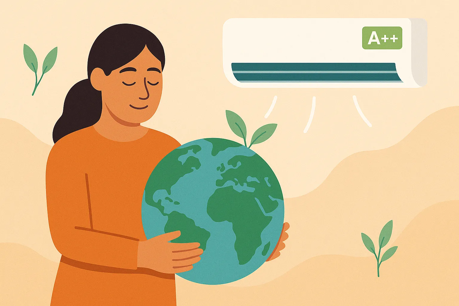 Mujer abrazando el planeta junto a aire A++ como símbolo de sostenibilidad.