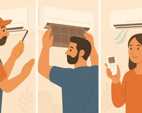 Usuarios instalando, limpiando y configurando aire acondicionado A++ en tres pasos.