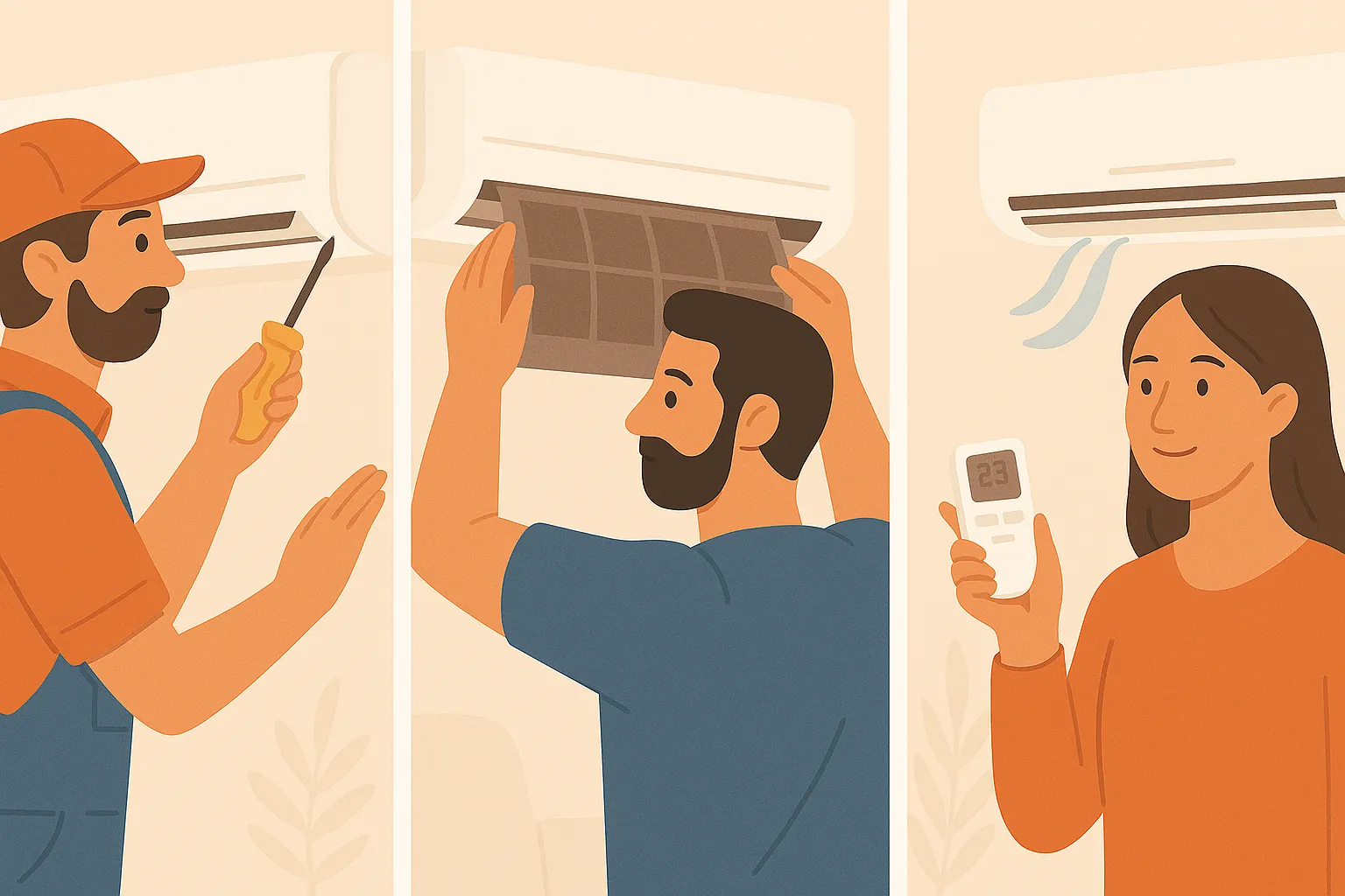 Usuarios instalando, limpiando y configurando aire acondicionado A++ en tres pasos.