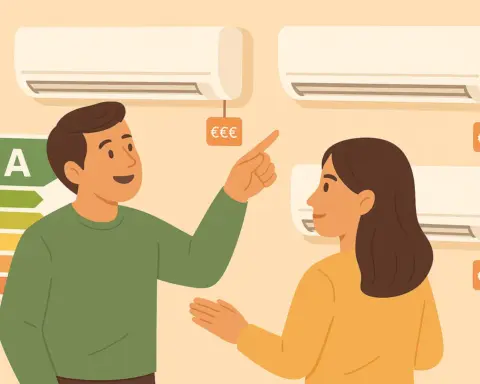 Pareja eligiendo aire acondicionado eficiente con etiquetas de consumo energético y precios visibles