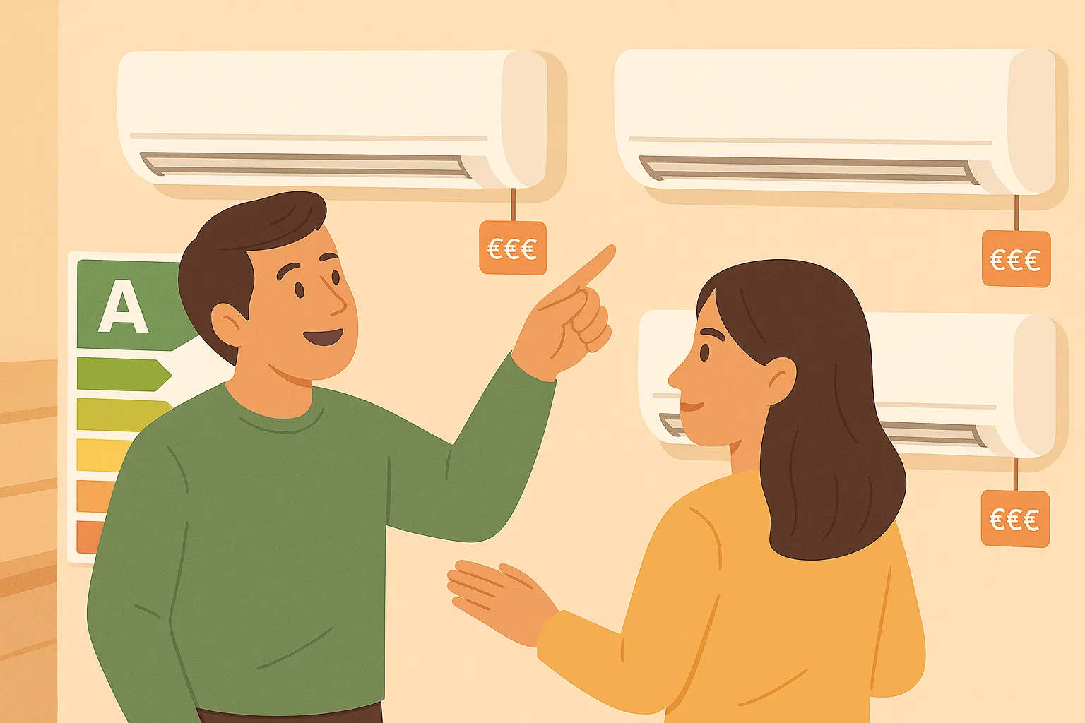 Pareja eligiendo aire acondicionado eficiente con etiquetas de consumo energético y precios visibles