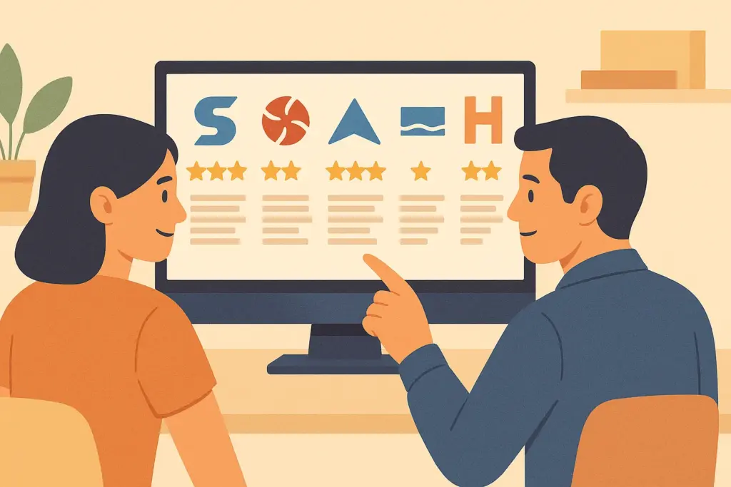 Pareja comparando marcas de climatización eficiente en pantalla con valoraciones.