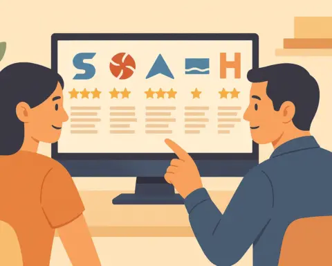 Pareja comparando marcas de climatización eficiente en pantalla con valoraciones.