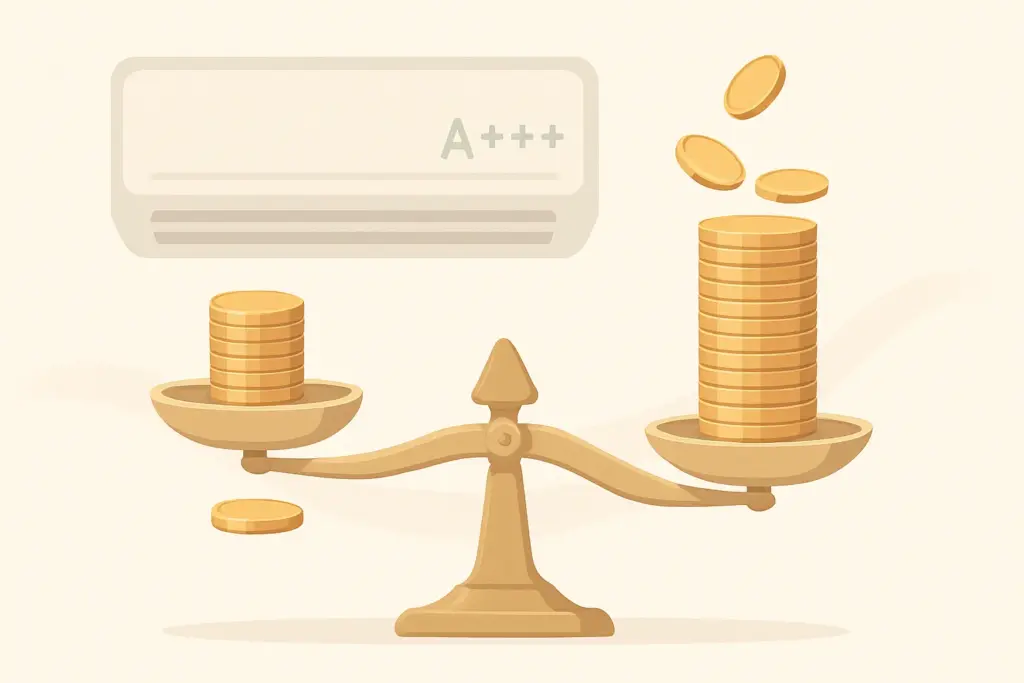 Balanza con monedas muestra ahorro económico de aire acondicionado eficiente A+++.