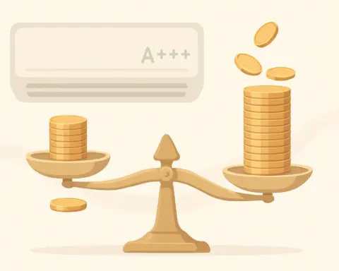 Balanza con monedas muestra ahorro económico de aire acondicionado eficiente A+++.