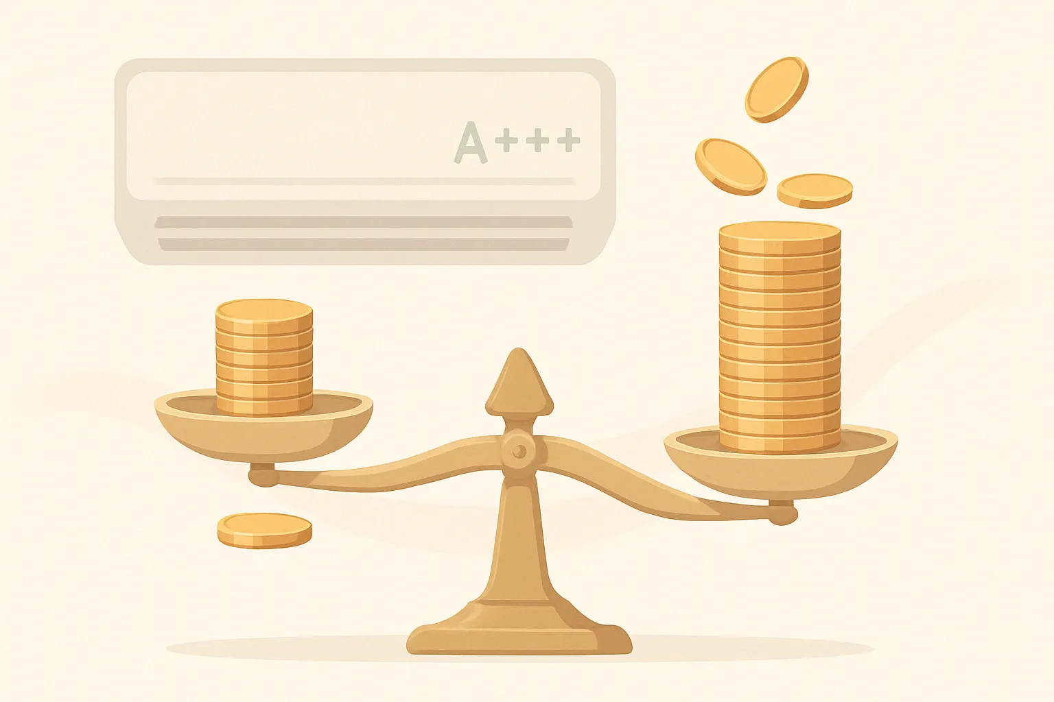 Balanza con monedas muestra ahorro económico de aire acondicionado eficiente A+++.