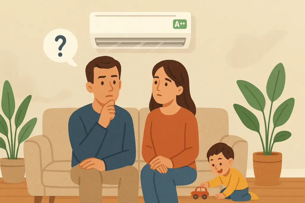 Familia con dudas frente a aire A++, niño jugando en salón con plantas.