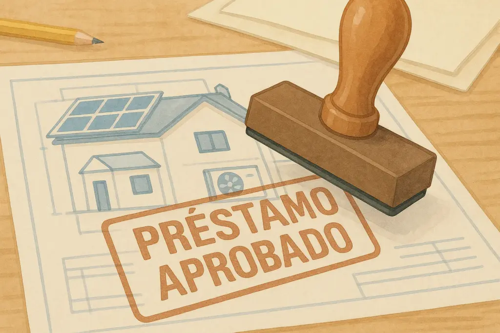 Plano de casa eficiente con sello de 'Préstamo Aprobado', simbolizando la financiación bancaria.