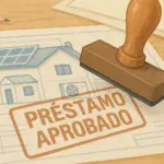 Plano de casa eficiente con sello de 'Préstamo Aprobado', simbolizando la financiación bancaria.