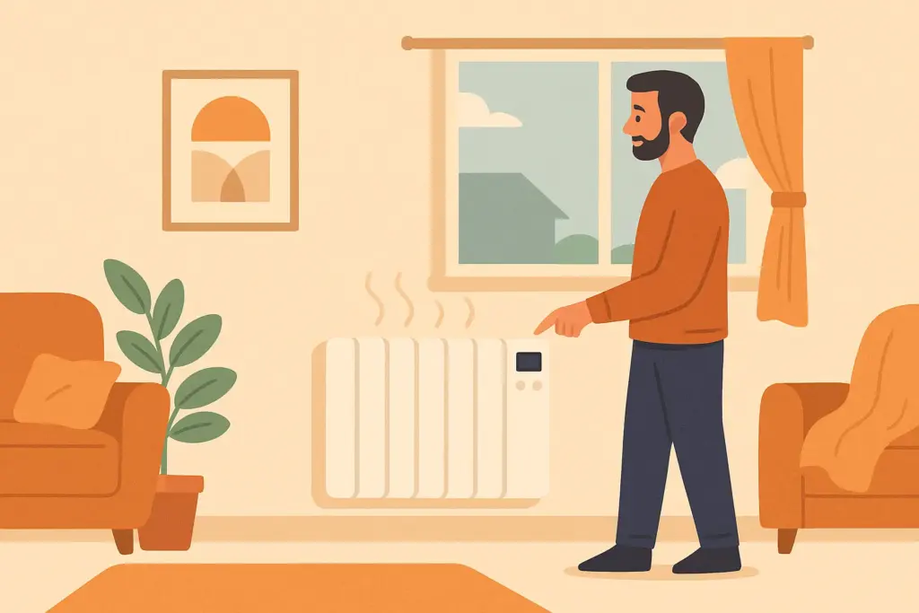 Hombre usando radiador eléctrico eficiente en salón con decoración cálida y moderna