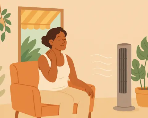Mujer disfrutando de ventilador en salón con plantas como alternativa de climatización.