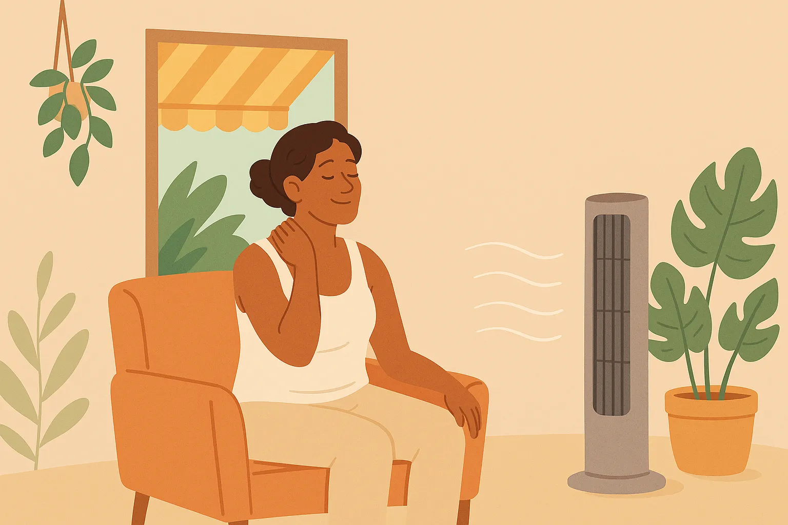 Mujer disfrutando de ventilador en salón con plantas como alternativa de climatización.