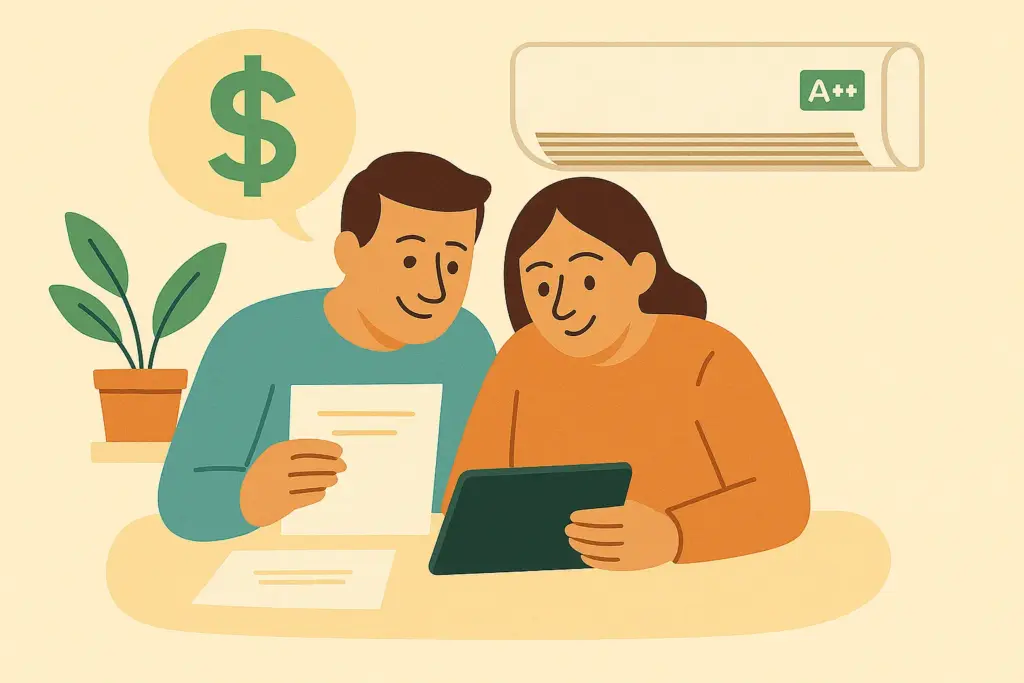 Pareja revisando ahorro en factura con aire A++ en mesa con tablet y documentos.