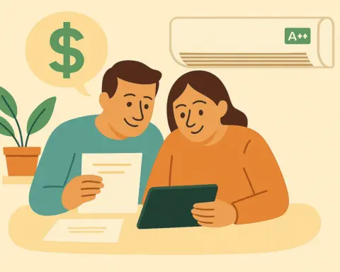 Pareja revisando ahorro en factura con aire A++ en mesa con tablet y documentos.