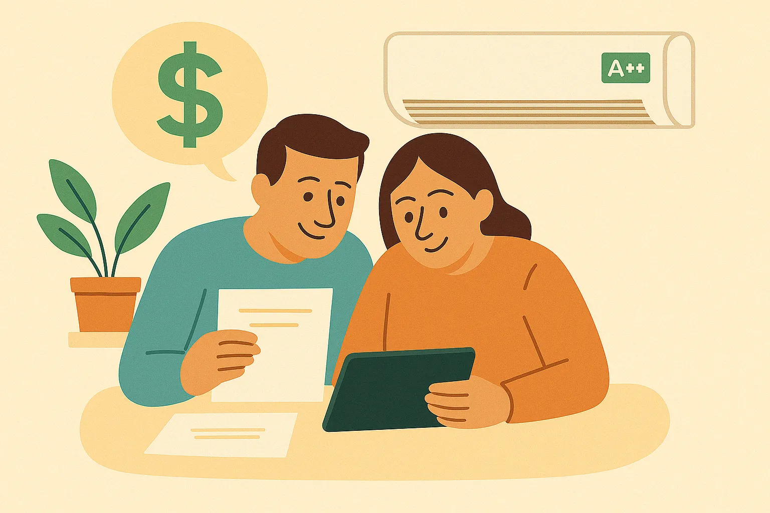 Pareja revisando ahorro en factura con aire A++ en mesa con tablet y documentos.