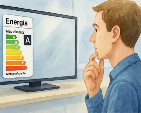 Persona examinando la etiqueta energética de una TV para elegir un modelo eficiente.