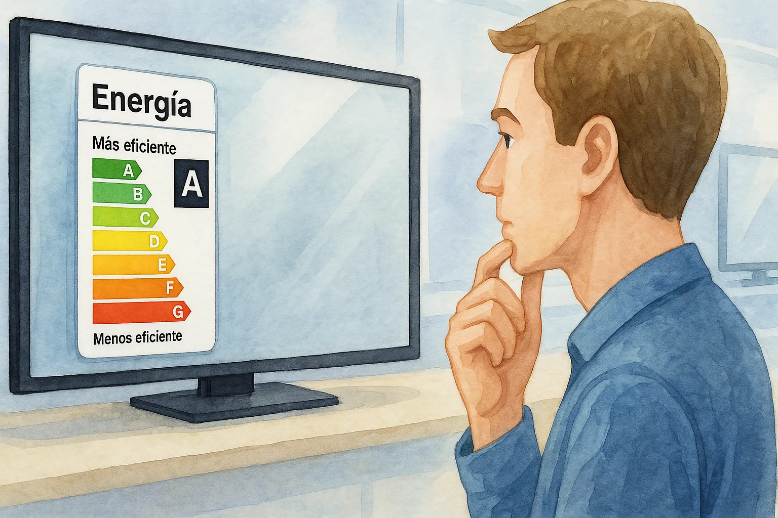 Persona examinando la etiqueta energética de una TV para elegir un modelo eficiente.